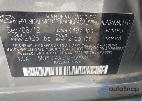 2013 Hyundai Sonata Limited 2.0T из США, поврежденный, VIN 5NPEC4AB1DH599813